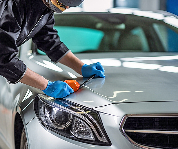 Car repair technician fixing dents